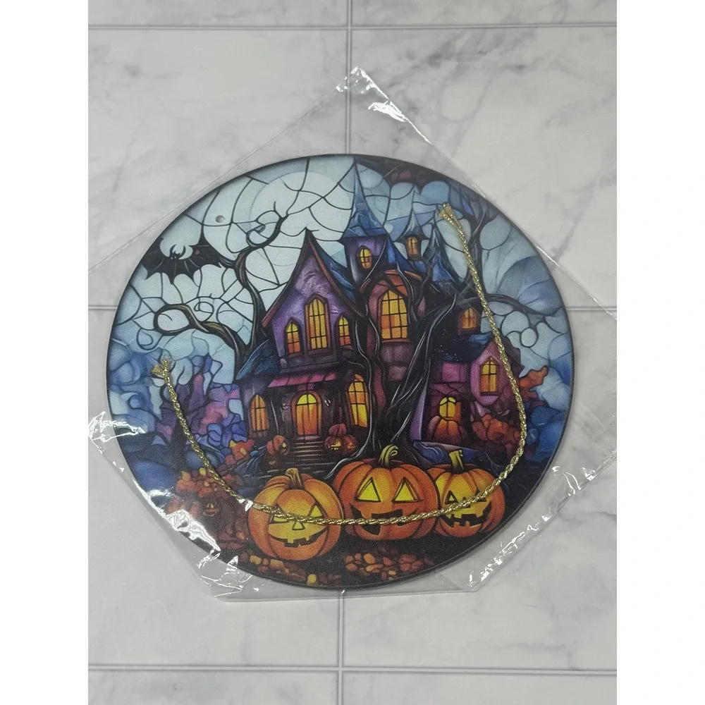 Chengy Co Halloween Haunted House Pumpkin Stained Glass Style Suncatcher 7.5